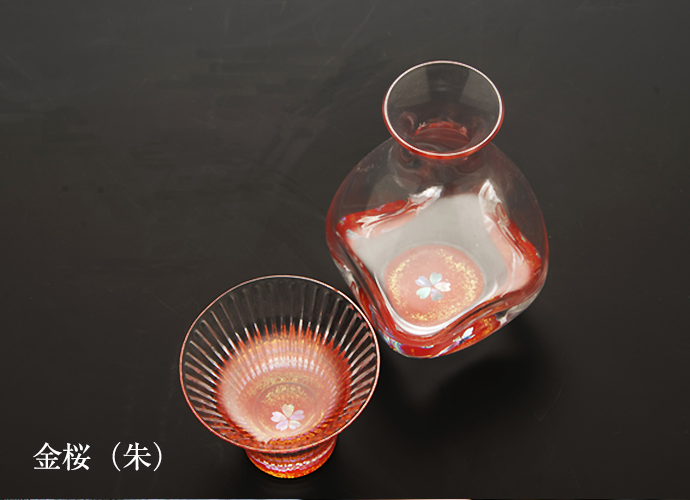 螺鈿細工の徳利・杯セット 金桜（朱）
