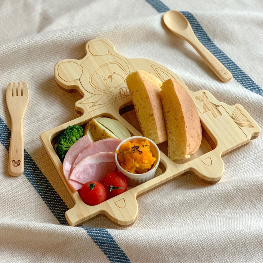出産祝い名入れプレゼントはFUNFAMの日本製竹食器 ジャッキーファンシーカーセット　盛り付け例