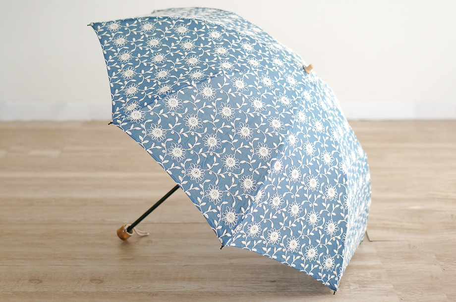【送料無料】刺繍がおしゃれ（日傘・雨傘）『フローラルレース』 8本骨50ｃｍ 婦人用折りたたみ傘~日本製の手作り傘~ アクアブルー